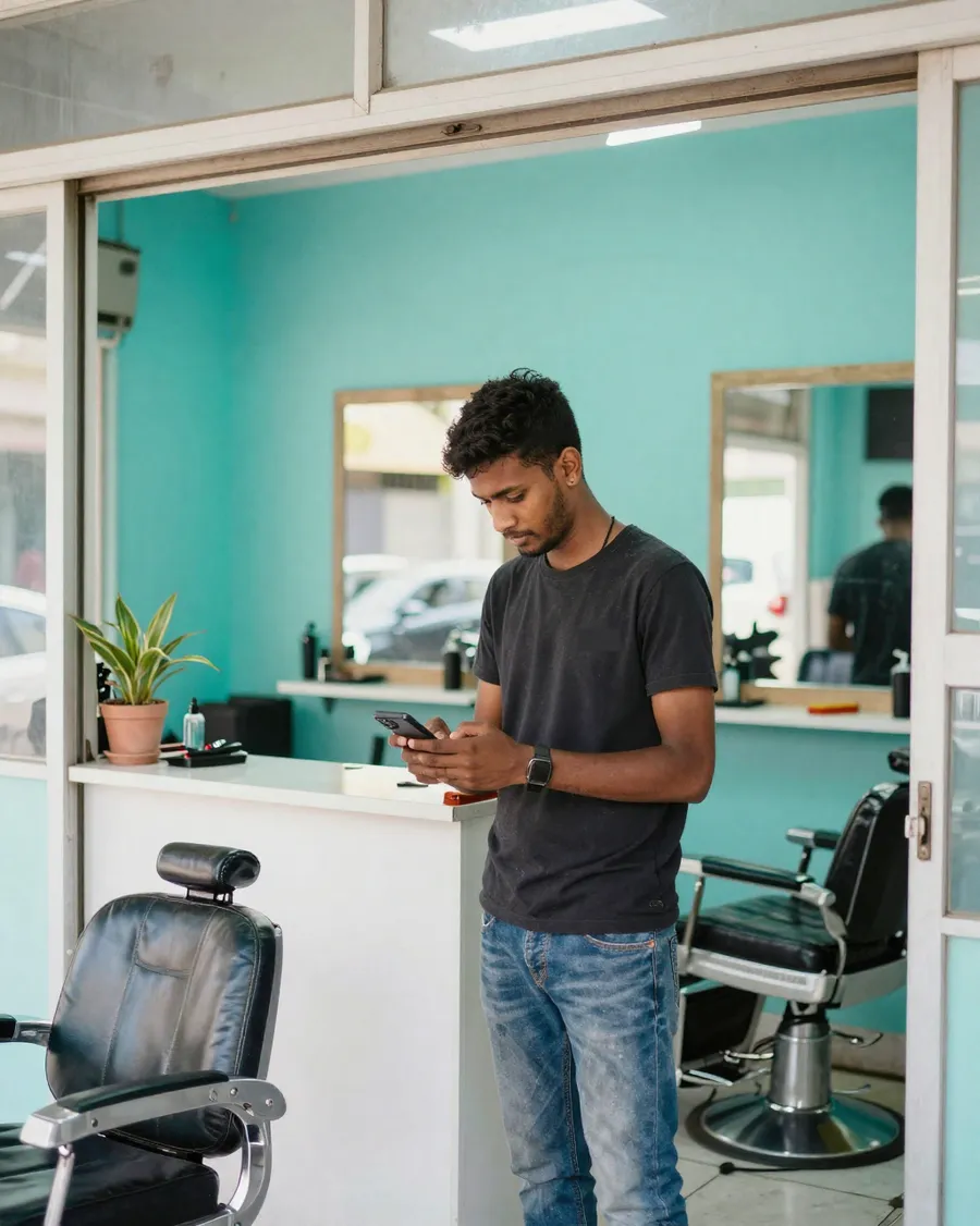 A barber checking bookings on his phone at the counter of his shop