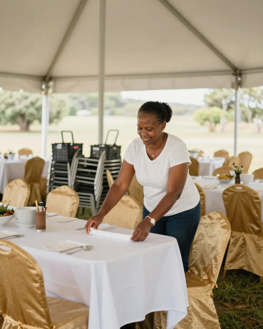 A caterer laying tables in a marquee set up for a wedding reception