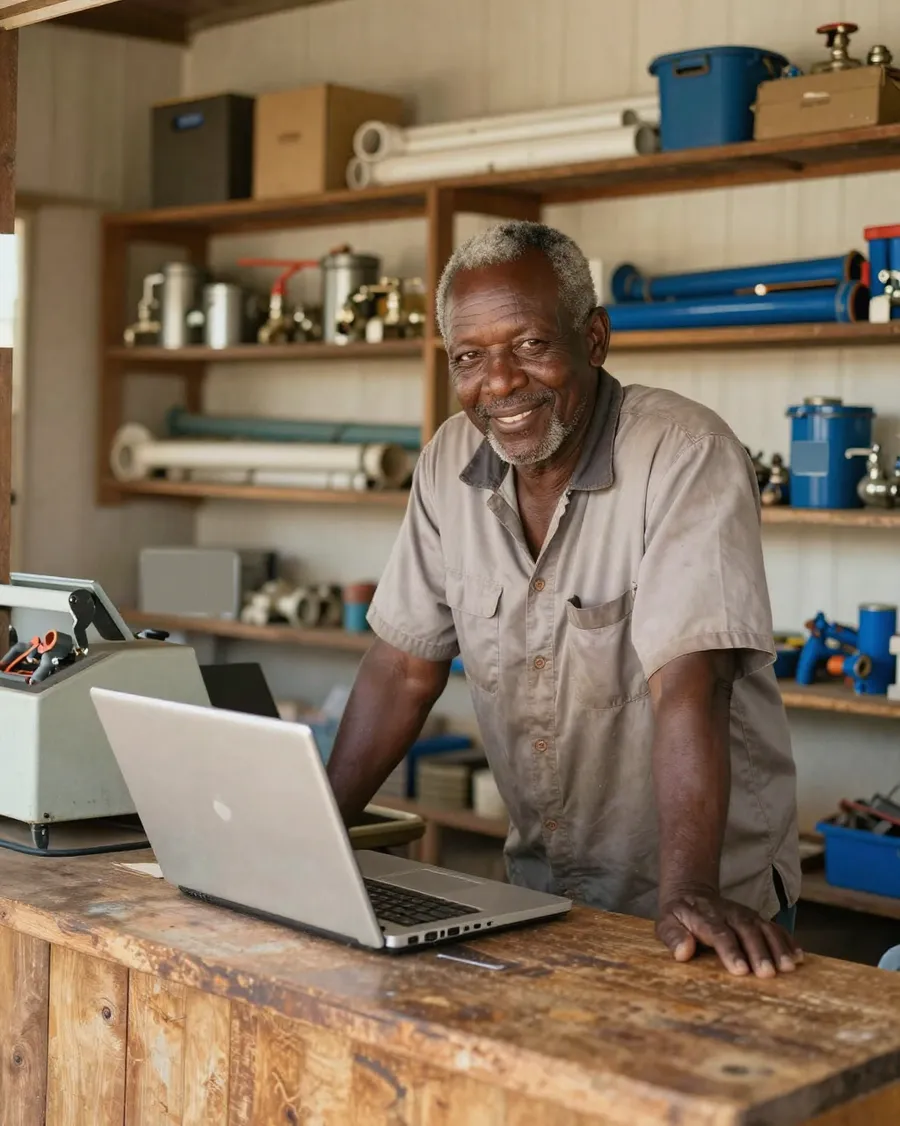 A hardware shop owner at his counter with a laptop, shelves of plumbing supplies behind him