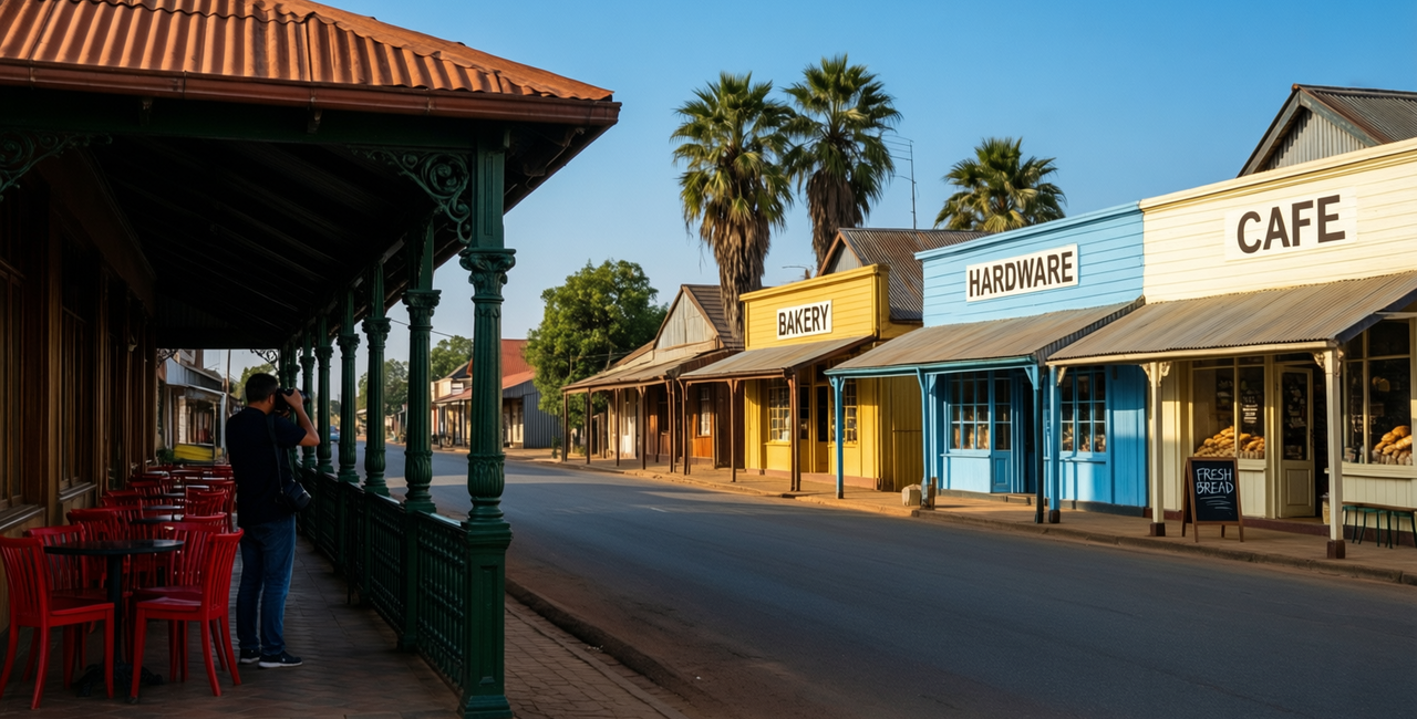 A sunny small-town high street of painted shopfronts, a bakery counter and café chairs under tin verandas, lined with palm trees
